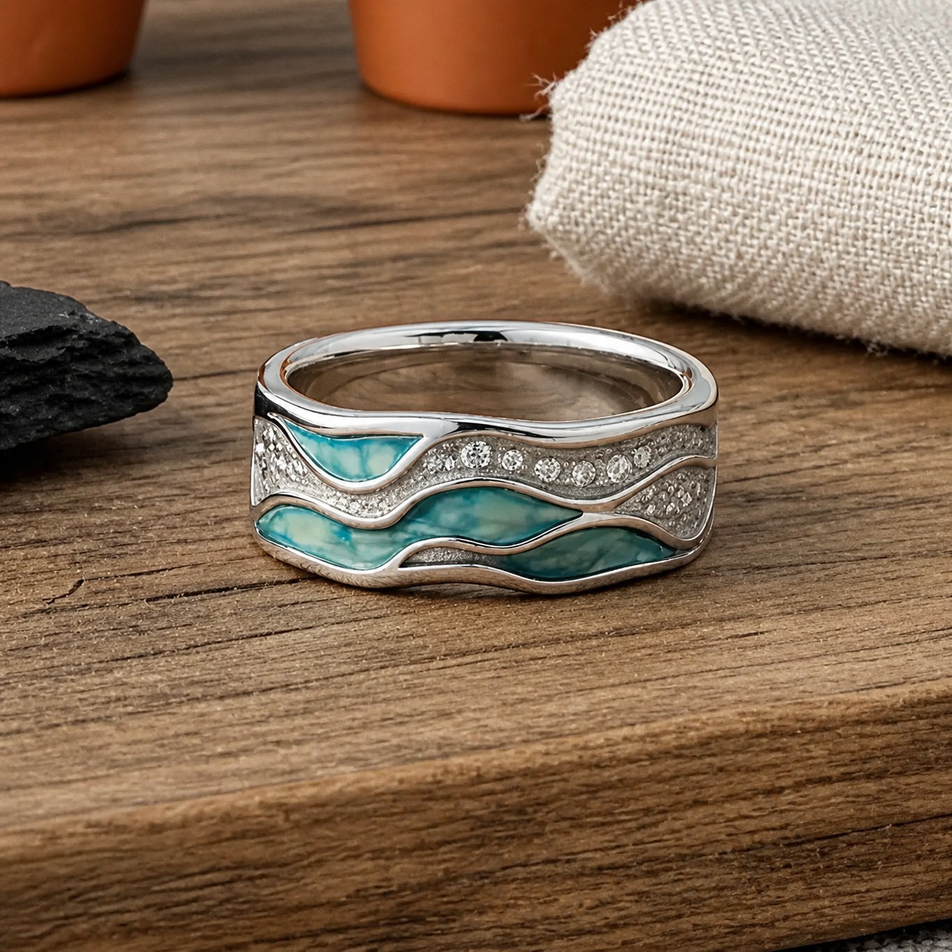 Turquoise Ocean Ripple Ring