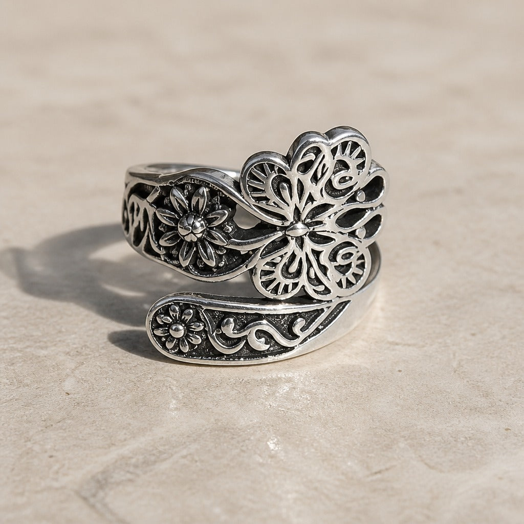 Floral Butterfly Adjustable Silver Ring