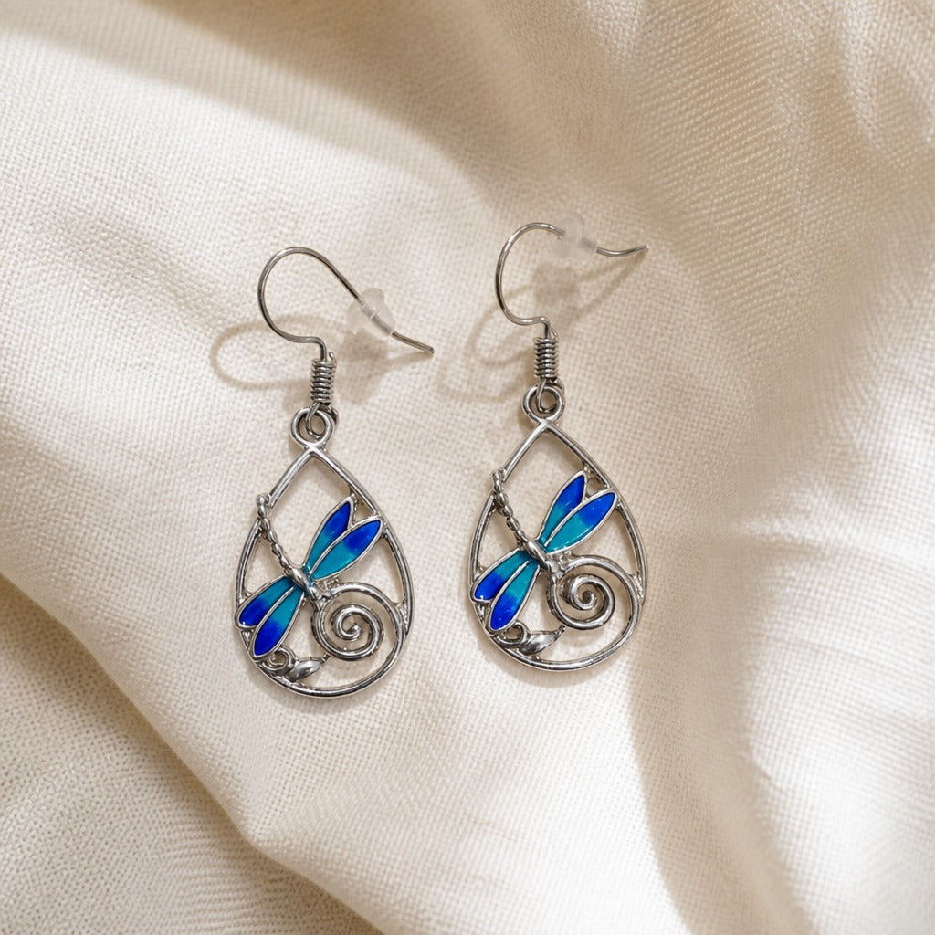 Teardrop Blue Dragonfly Silver Earrings