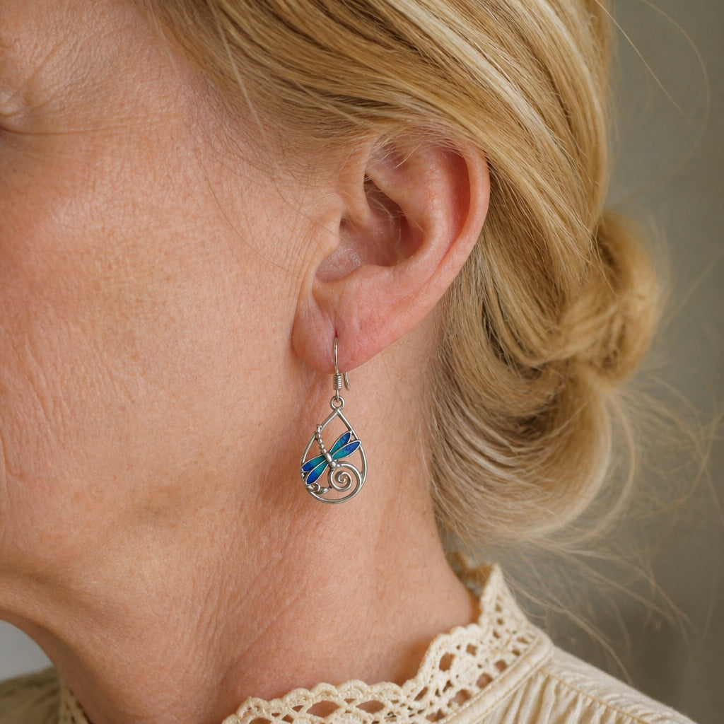 Teardrop Blue Dragonfly Silver Earrings