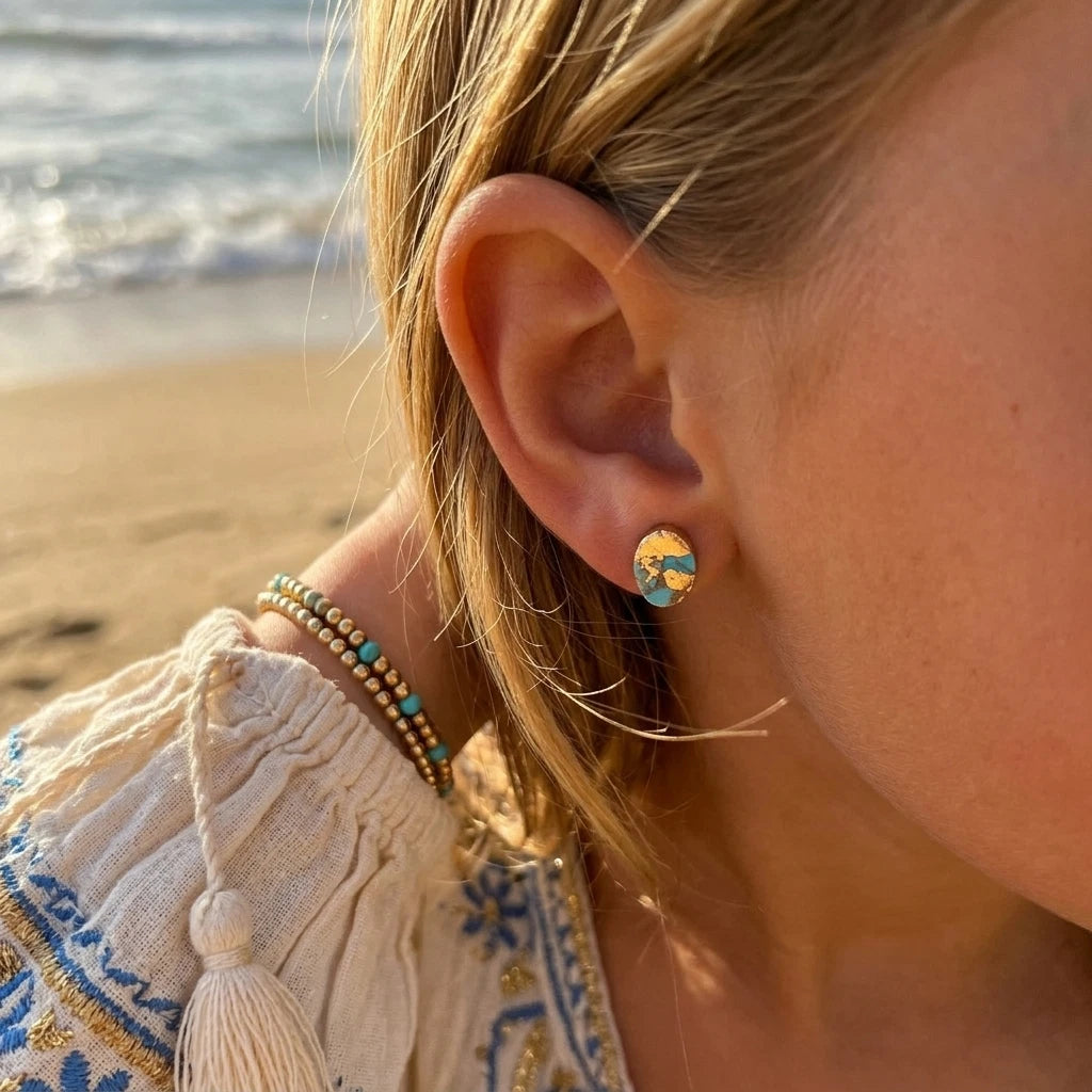 Gold Turquoise Line Oval Earrings